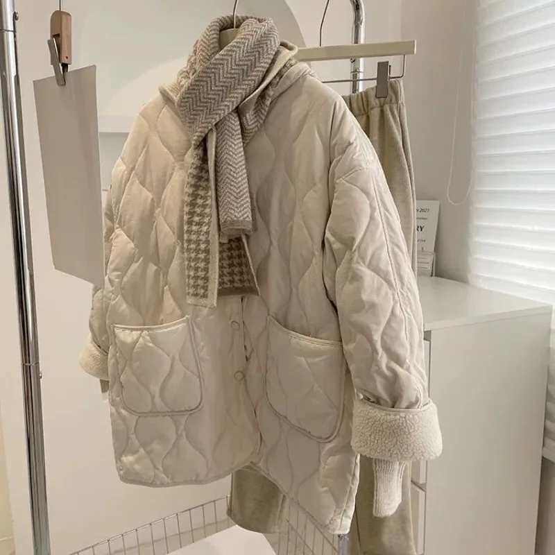 Autumn Winter Parkas Quilted Jacket Women Warm Lightweight Cotton Coat Lambswool Patchwork Long Sleeve Single-breasted Jacket