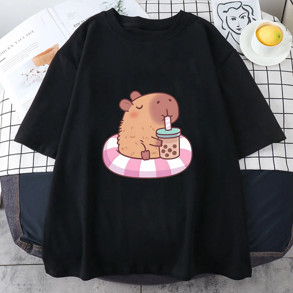 Capybara Loves Drinking Bubble Tea Tshirt Women Japanese Anime Streetwear T Shirt Female Harajuku Korean Style Clothing Custom