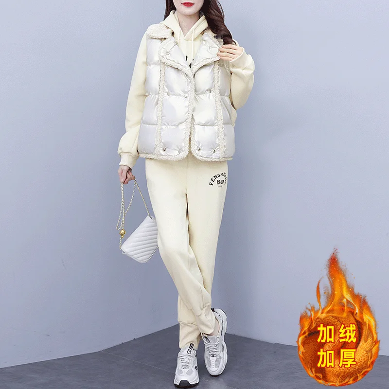 Leisure Sports Sweater Set Women\'s 2023 Winter New Thickened Warm Vest + Cotton Pants Three Piece Set