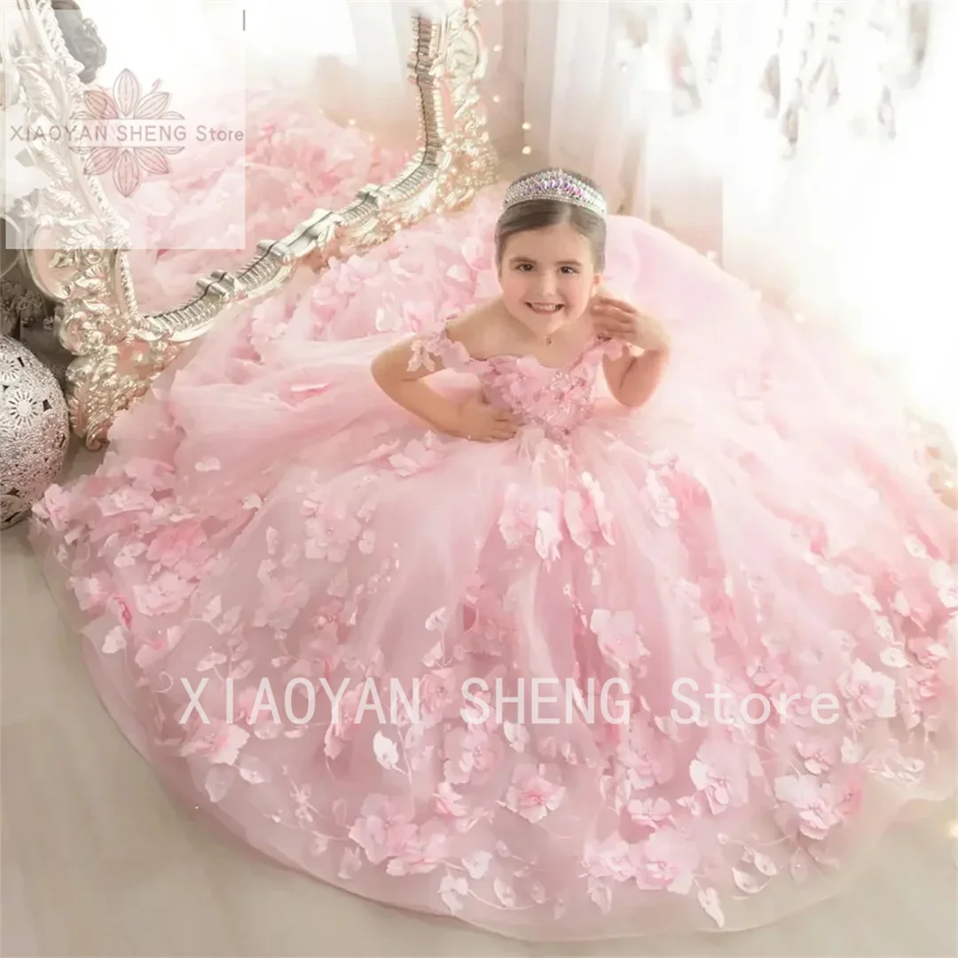 Robe de fille de fleur d'applique 3D pour le mariage, perles luxueuses, tulle, chariste, fête d'anniversaire, enfant, premier