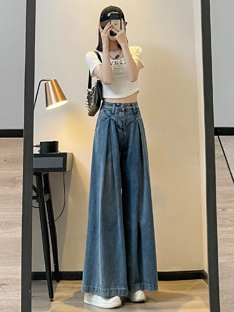 High Waist Wide Leg Jeans Women Summer Pear ape Design Loose Straight Micro Flared Denim Pants High Waist Wide Leg Jeans XQ870