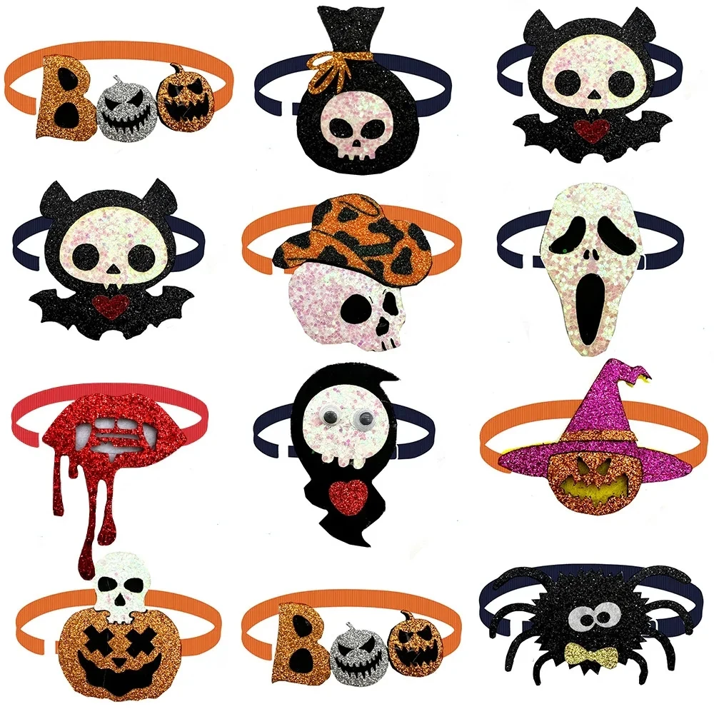 50pcs Halloween Dog Bows Horrible Skull Pumpkin Grooming Bow Ties Adjustable Collar Puppy Pets Bowties Festival Decoration