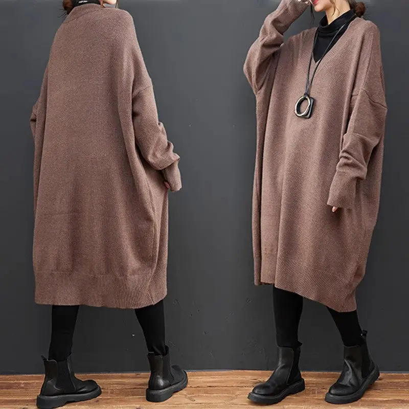 

V-Neck Long Sleeve Retro Knit Dress Women's Lazy And Casual Temperament Versatile Mid Length Sweater Dress Pullover Shirt Z2666
