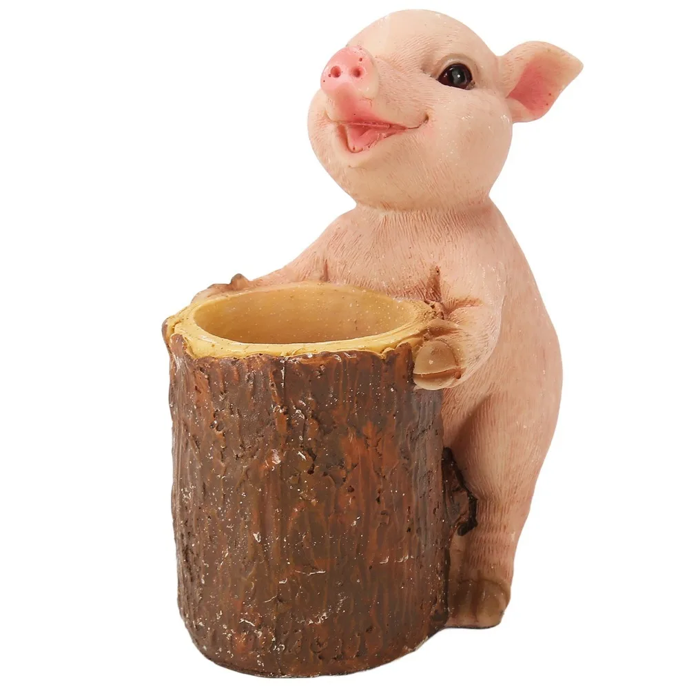 Resin Pig Figurine Statue Sturdy Pen Holder Resin Pig Ornament Compact Cartoon Mini Pig Sculpture Office Desk Display