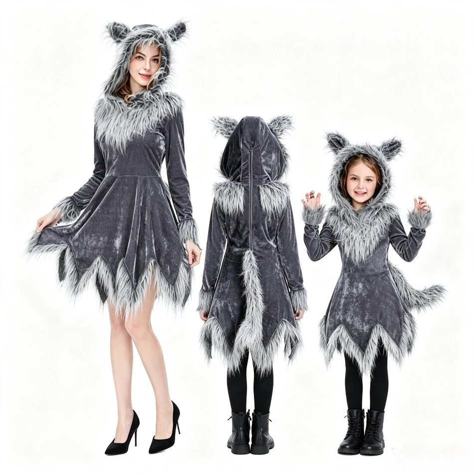 Parent-child Halloween Grey Wolf Costume Hooded Long Sleeve Dress Family Matching Women Kids Carnival Animal Dress Up Cloth PS66
