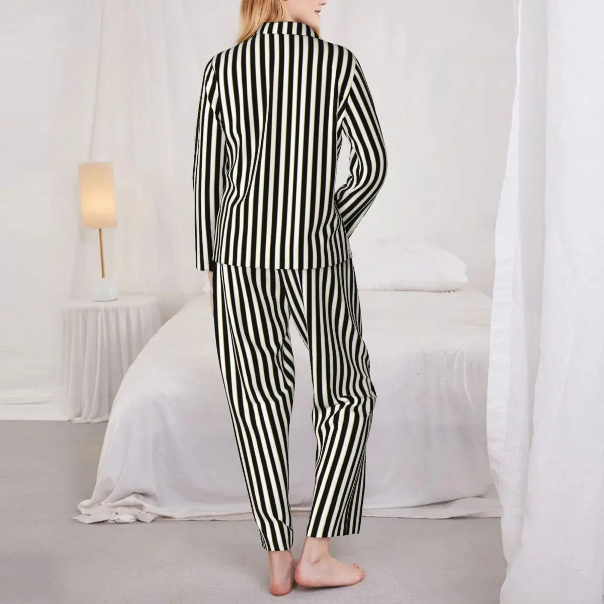 Pajamas Female Vertical Striped Bedroom Sleepwear Black White Lines Casual Pajama Set Long Sleeve Fashion Oversized Home Suit