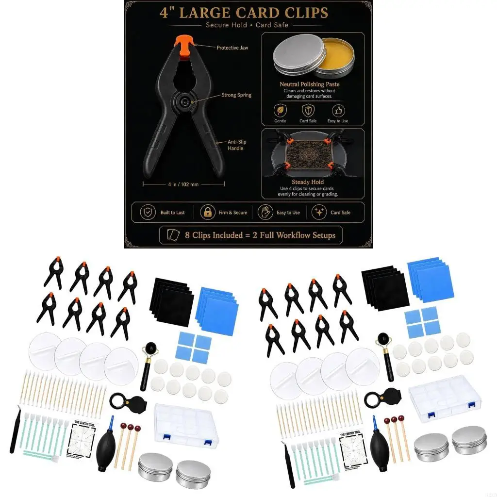 62KD Trading Card Care with 8 Card Holders, Centering Aid, Swabs and Storage Case, Manual Set for Cleaning, Positioning and