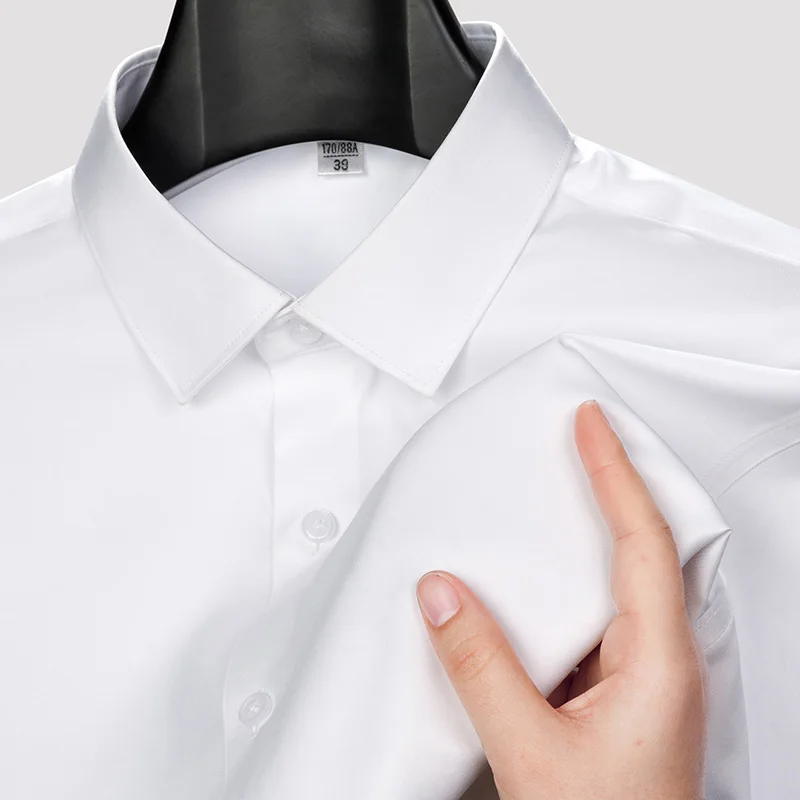 الرجال قميص غير الكي المضادة للتجاعيد الأعمال عادية بلون مطاطا السلس طويلة الأكمام العمل الاجتماعي الأزرق الأبيض فستان قميص 5XL