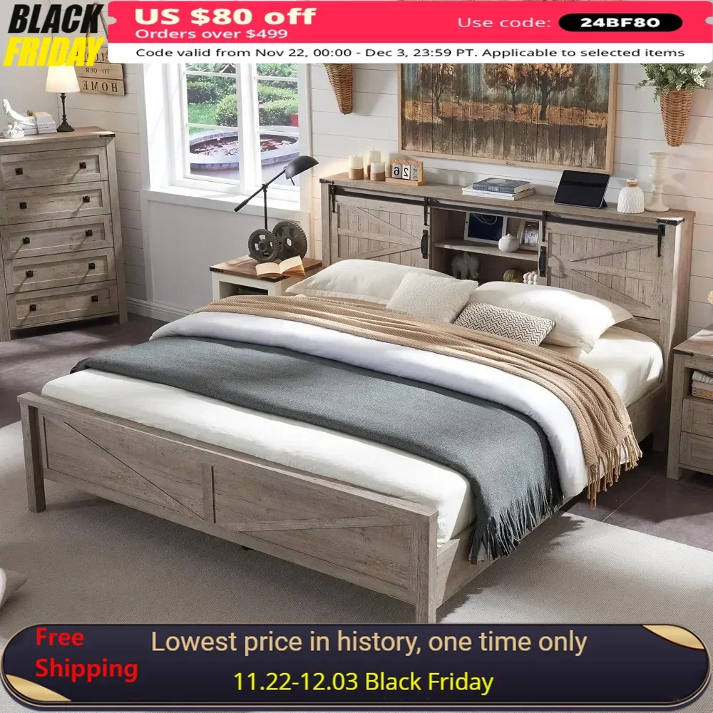 Queen Bed Frame with Headboard Sliding Barn Door Storage Cabinet Charging Station Slats Support No Box Spring Needed，Bed Frame