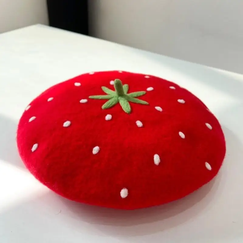 L5YA قبعة بيريه مزخرفة بالفراولة، قبعة بيريه مصنوعة يدويًا للعائلة، قبعة ذات أنماط حلوة لمظهر عصري #5