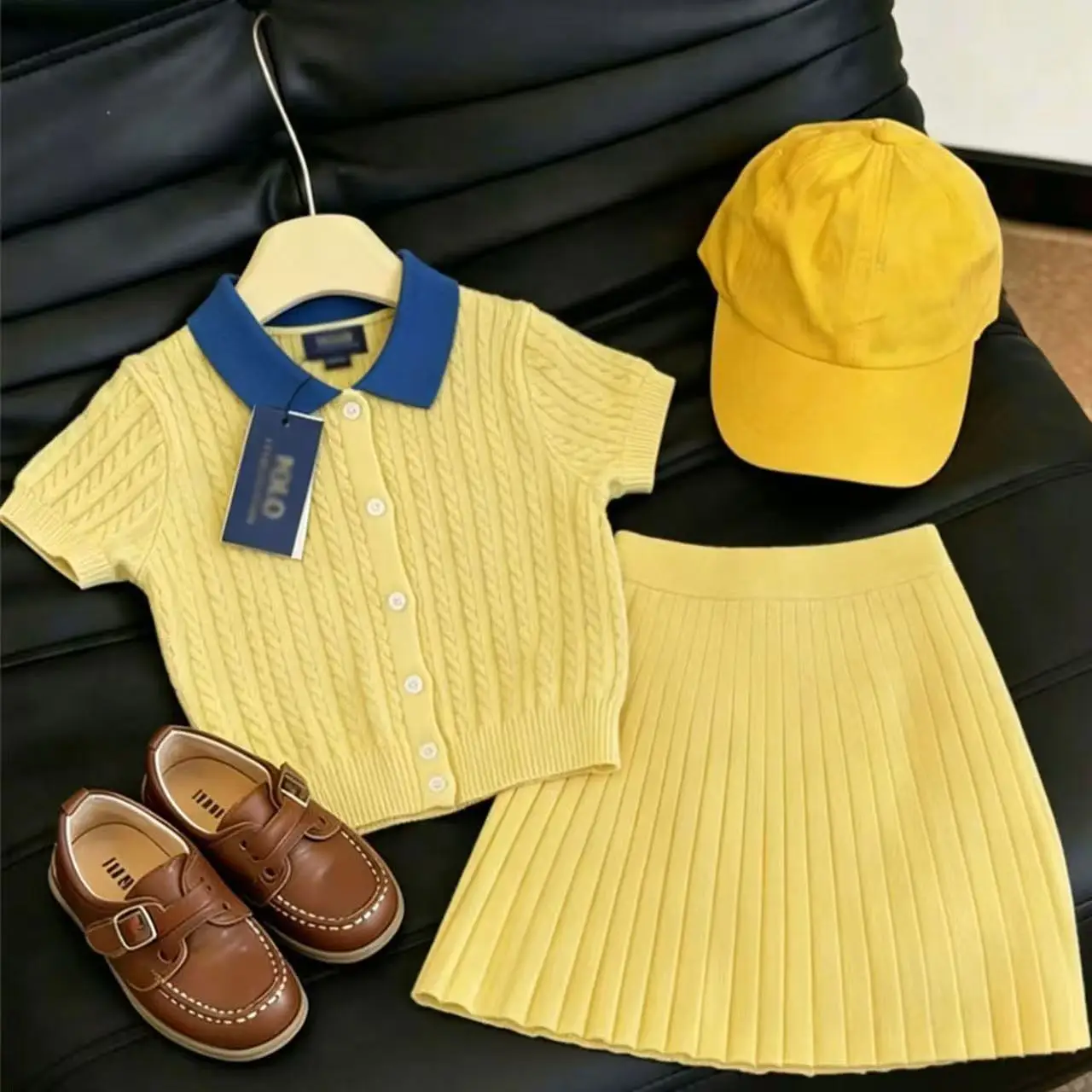 Children's Summer Set Fashion New Girl' Yellow Knitted Short Sleeved T-shirt+Knitted Skirt 2-piece Set 90-140cm