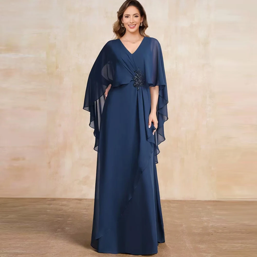 

Customized V Neck Women's Mother of The Bride Dresses Ruffles Cap Sleeve Chiffon Long Formal Wedding Party Dresses