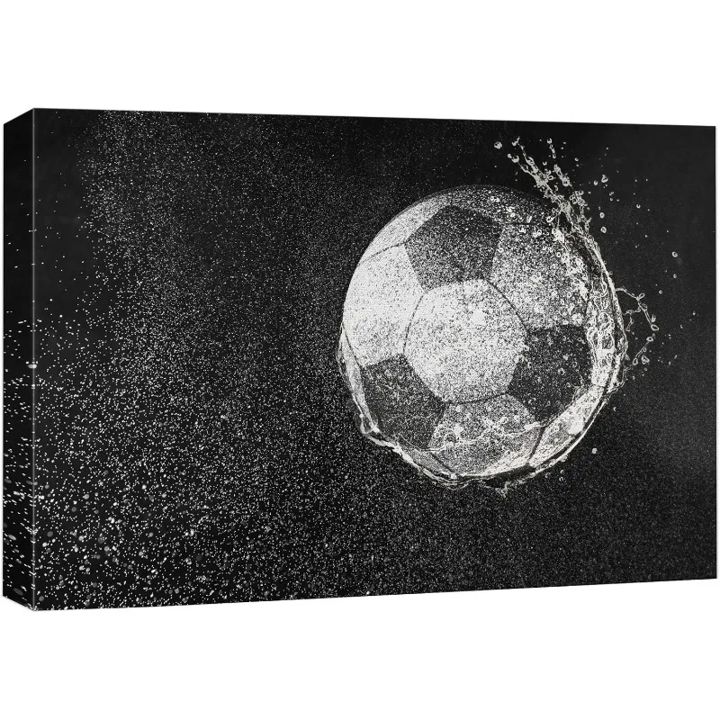 

wall26 Canvas Print Wall Art Black & White Grayscale Raining Soccer Field Soccer Ball Sports Fitness Photography 48L" x 32W"