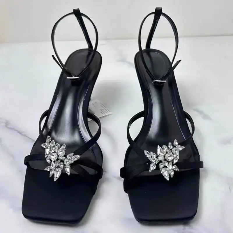 TRAF Women Black Luxury Crystal Heel Sandals Sexy Square Head Peep Toe High Heels Summer Femmes Ankle Strap Sandalias Prom Pumps