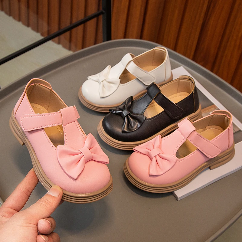 

Girls Solid Pink Bow Round-toe Kids Fashion Casual Shoes Simple Non-slip 2024 New Spring Children Leather Shoes Round-toe Korean