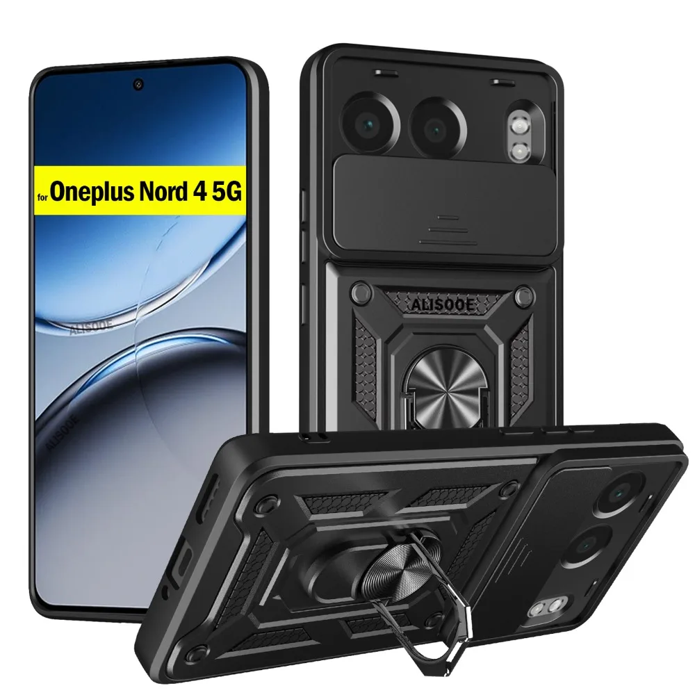 Anel kickstand armadura caso para oneplus nord 4 5g capa slide câmera suporte magnético à prova de choque capa para oneplus nord4 5g funda