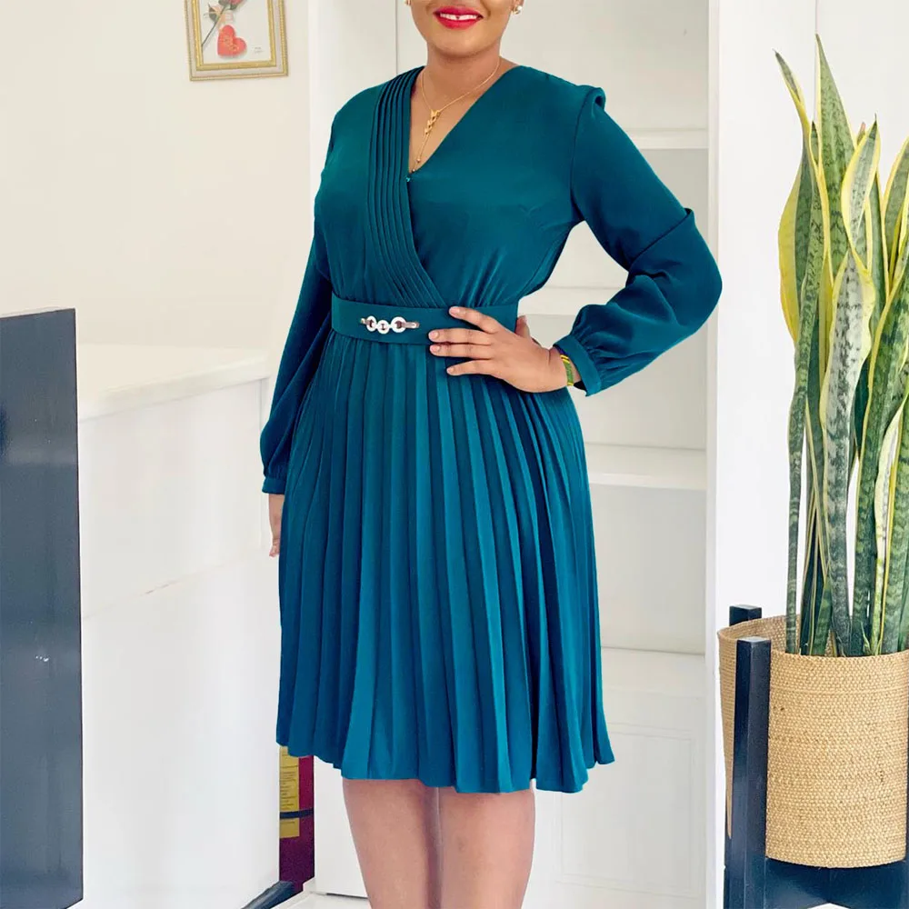 

Elegant Office Ladies Dresses for Women V Neck Full Sleeve Belt Waisted Pleated Mid Calf Formal Business Work Dress ol Wholesale