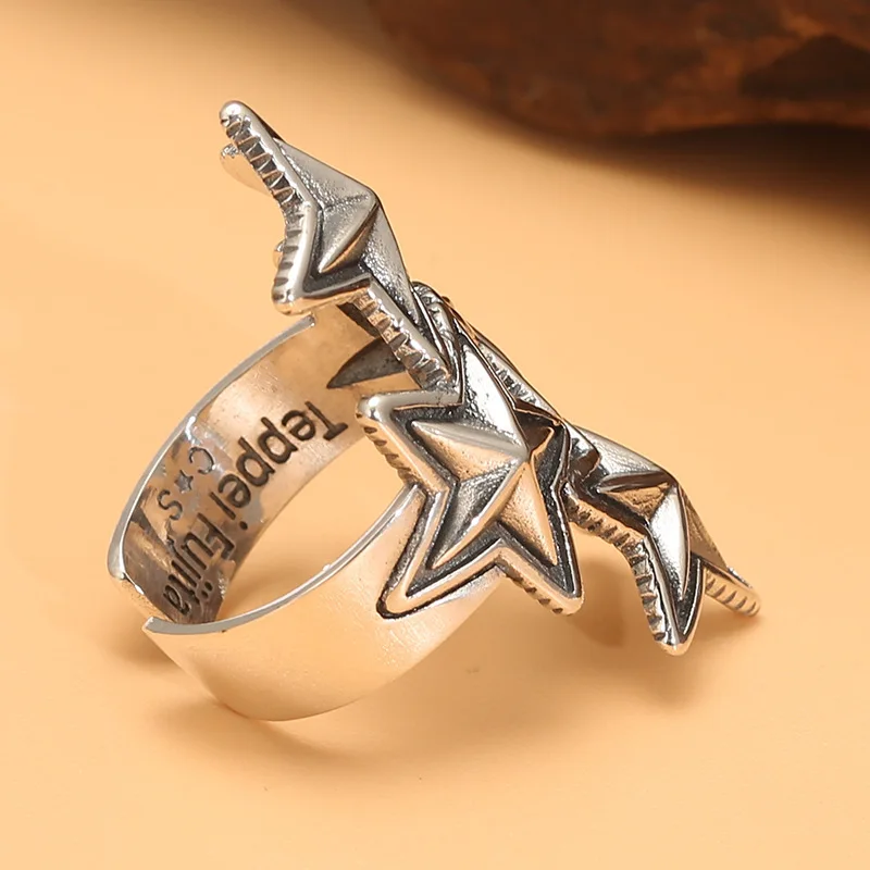 S925 sterling silver cody cincin pentagram Asia empat bintang sederhana pria bukaan Thailand cincin perak