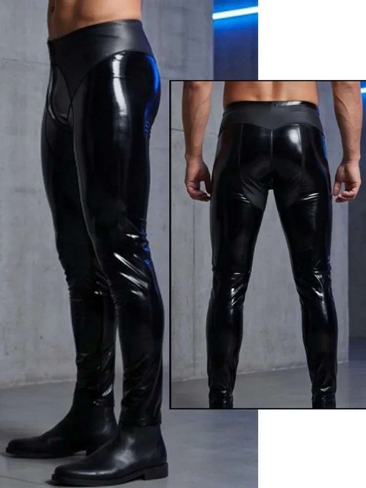 Fashion Patchwork Pants False Two Pieces Double Sided PU Leather Pants Wet Look PVC Leggings Tights Pantalon Trousers Costume
