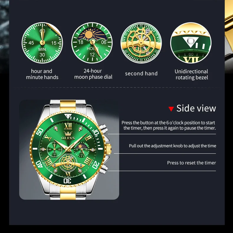OLEVS New Quartz Watches for Man Stainless Steel Moon Phase Diving Series Flywheel Design Chronograph Luxury Men's Watches 3732 view 5