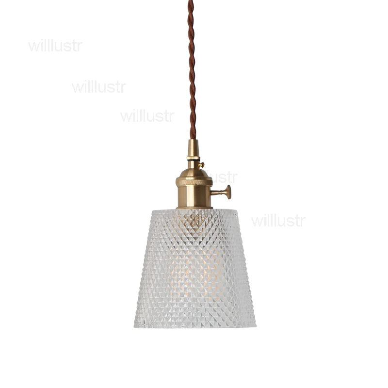 Taper Diamond Glass Pendant Lamp Vintage Copper Part Suspension Light Hotel Restaurant Loft Ceiling Chandelier Hanging Lighting