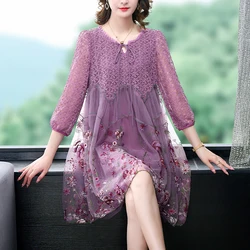 High Street Natural Silk Floral Embroidery Midi Dress Summer Casual Vintage Loose Beach Dress 2024 Women Elegant Party Vestidos