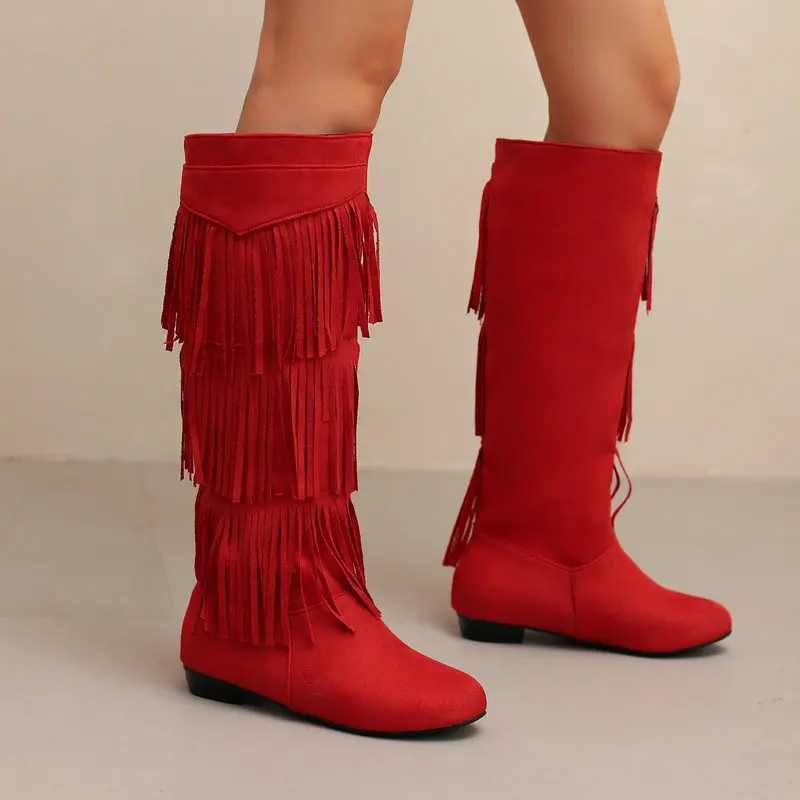 

Большие размеры 35–45, красные, черные зимние сапоги до середины икры для женщин, ковбойские сапоги в стиле вестерн на квадратном низком каблуке с бахромой, туфли с кисточками