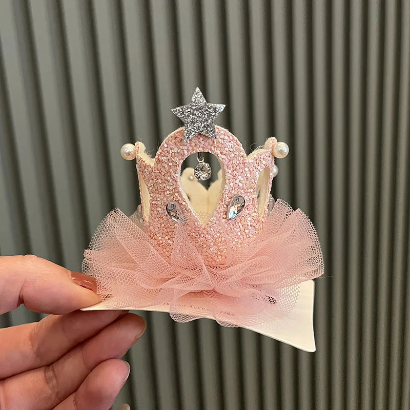 Children's Veil Girls Crown Bow Barrettes Little Princess Stereo Light Diamond Head Clip Birthday Photo Hair Clip Headdress