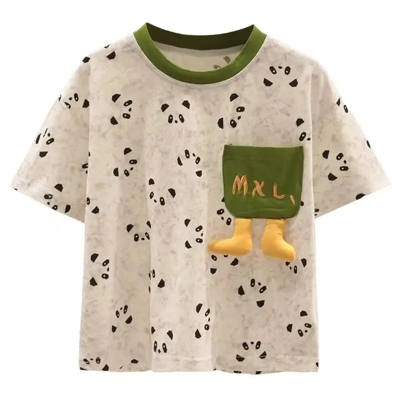 

2024 Summer New Boys Little Fresh Pullovers Printed Cartoon Spliced Crew Neck Pockets Fashion Loose Short Sleeve T-shirt Tops