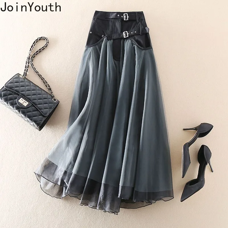 Y2k Skirts Women Clothing Patchwork Gauze A-line Saia High Waist Fashion Jupe Contrast Color Casual Skirt Faldas Mujer De Moda