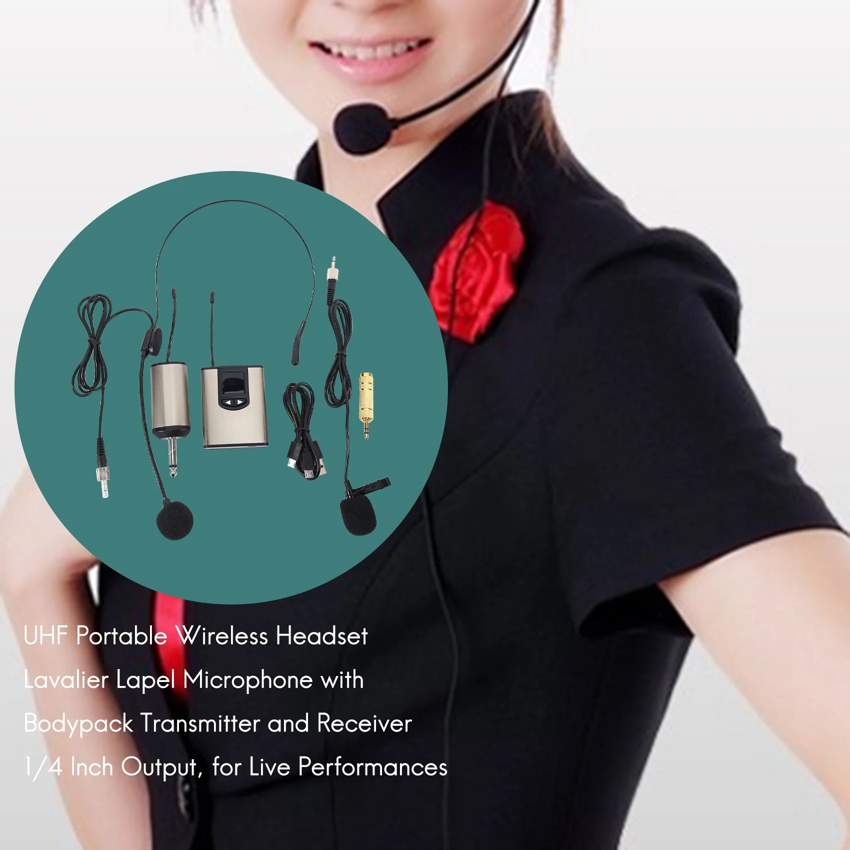 UHF Portable Wireless Headset/ Lavalier Lapel Microphone with Bodypack Transmitter and Receiver 1/4 Inch Output, for Live Perfor
