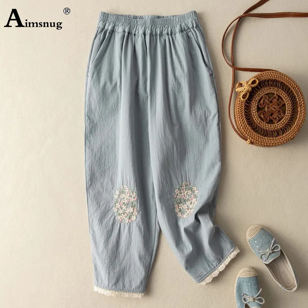 

2024 Cotton Linen Wide Leg Pants Women Patchwork Lace Embroidery Pants Plus Size 4XL Ladies Elasitic Waist Full Length Trousers