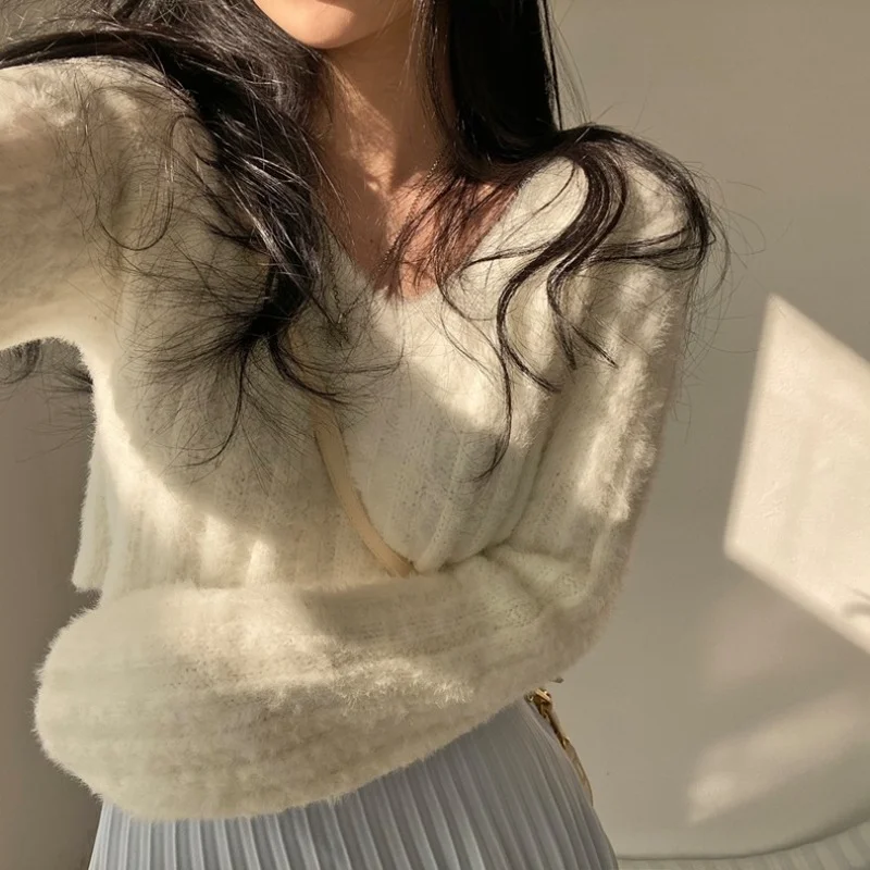 Cropped Pullovers Women Autumn Princess Soft Chic Tender All-match Korean Style Girlish V-Neck Vacation Stylish Свитер Ins New