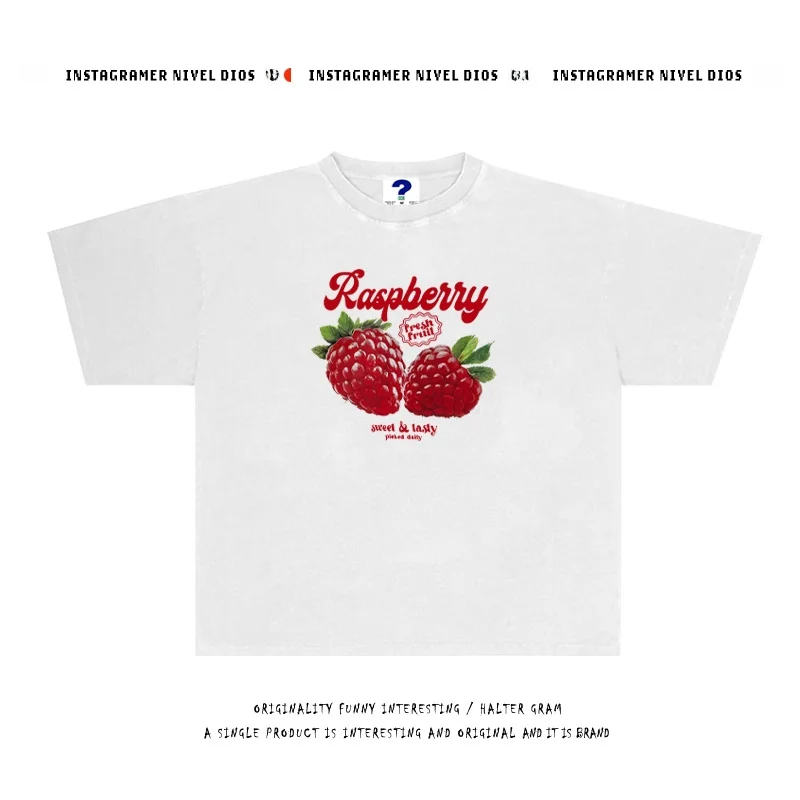 

Футболка из чистого хлопка 250 г с иллюстрацией клубники, повседневная, свободного кроя, летняя, дышащая