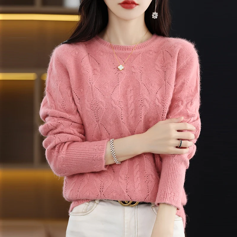 100% Mink Cashmere Sweater Women's O-neck Pullover Loose Knitted Underlay Autumn/Winter Long Sleeve Fashion Cashmere Top