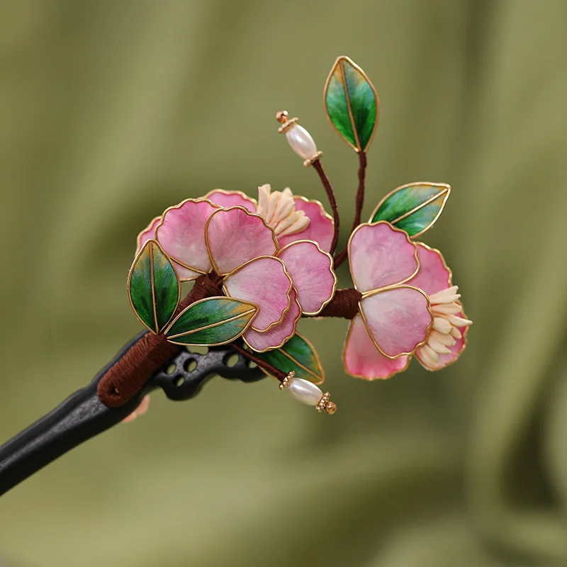 

Original Handcrafted Pinched Pink Peach Blossom Velvet Sandalwood Hairpin, Classical Coiled Hairpin And Flower-wrapped Hair Acce