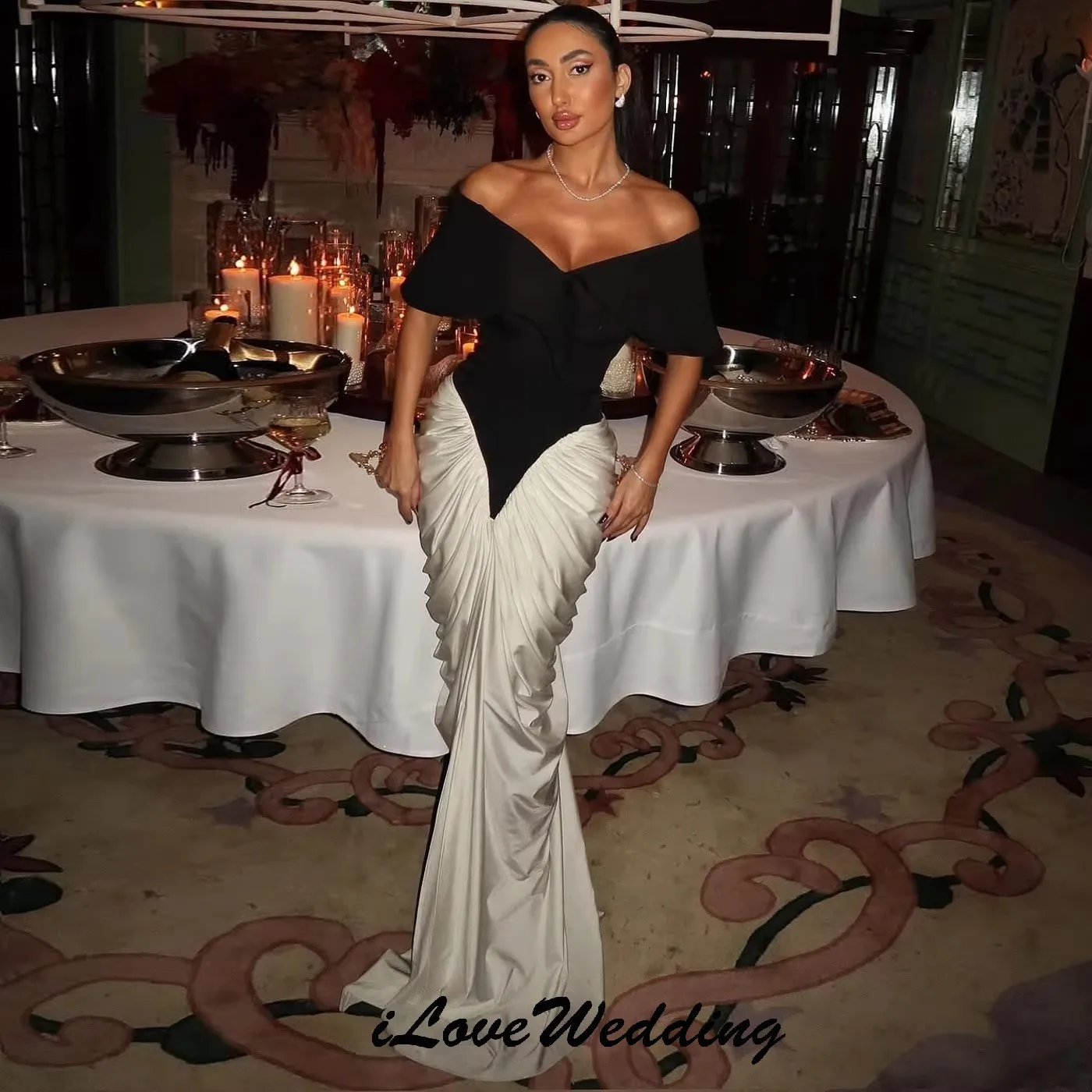 

Evening Dresses Black&White Wedding Party Dress For Woman Mermaid Off The Shoulder Ruched Elegant Prom Dresses Formal Customized