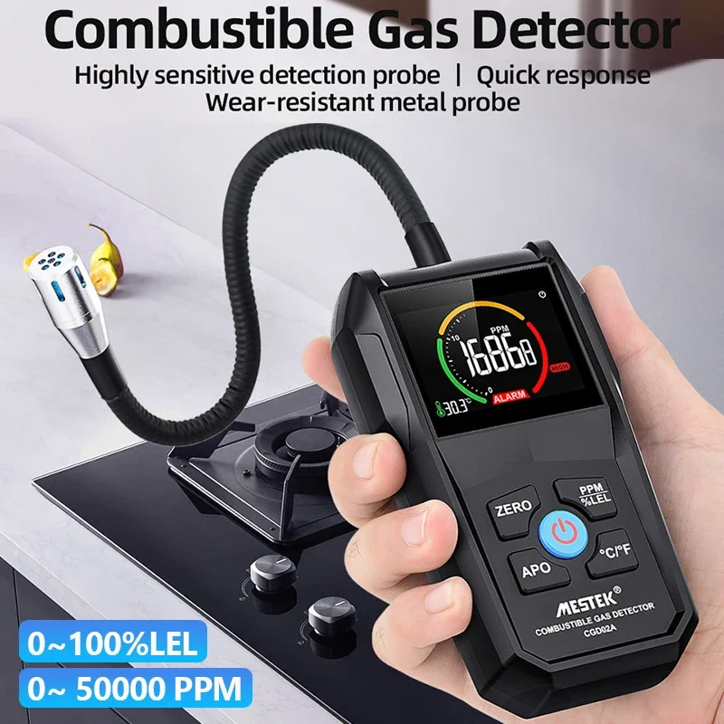 Gas Leak Detector Analyzer Methane Flammable 50000 PPM 100% LEL Combustible Natural Tester LCD Screen Sound and Light Alarm