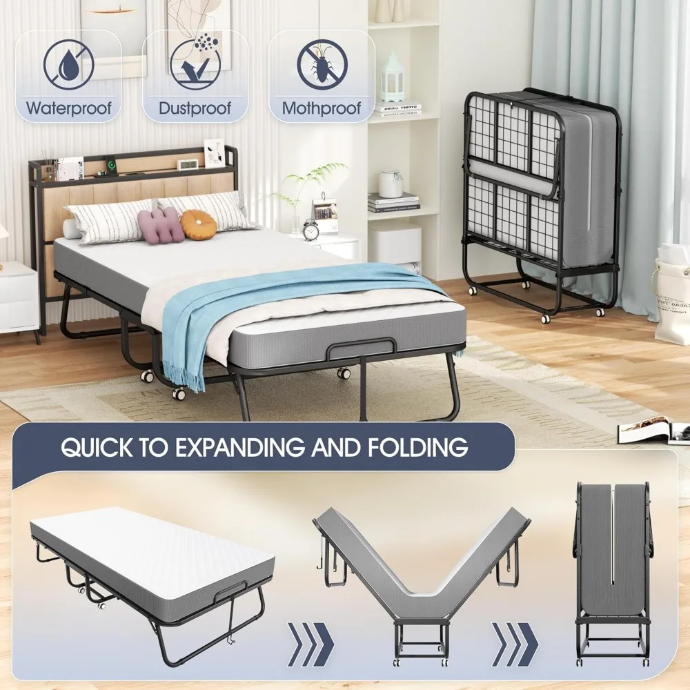 سرير قابل للطي مع مرتبة، مرتبة إسفنجية الذاكرة بسمك 75 بوصة × 31 بوصة - 5 بوصة، سرير محمول بحجم المهد للبالغين، إطار سرير معدني على Whe
