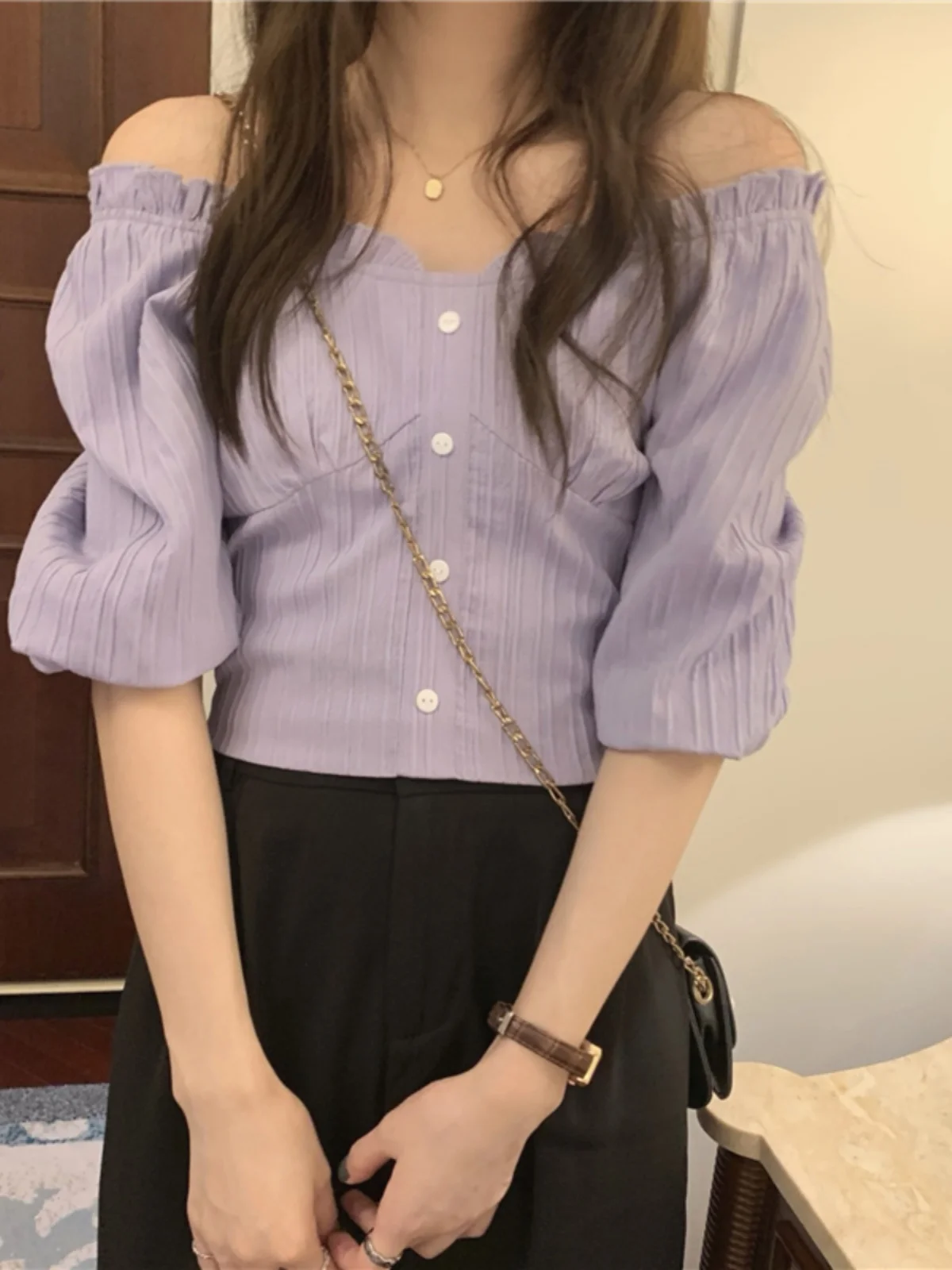 

Chic ort Bubble Sve irt Women's Sweet Gentle Summer Design Square Collar Faionable oulder Bared Blouse Korean Sle