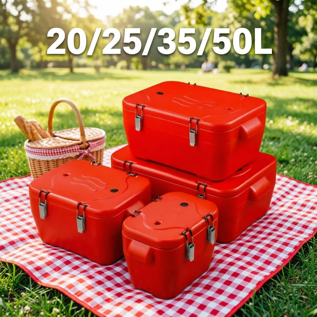 Custom Promotional 4PCS Set Of Strong Metal Cooler Box 20-25-35-50L Capacity For Skiing Camping Keep Cold And Warm Storage Conta