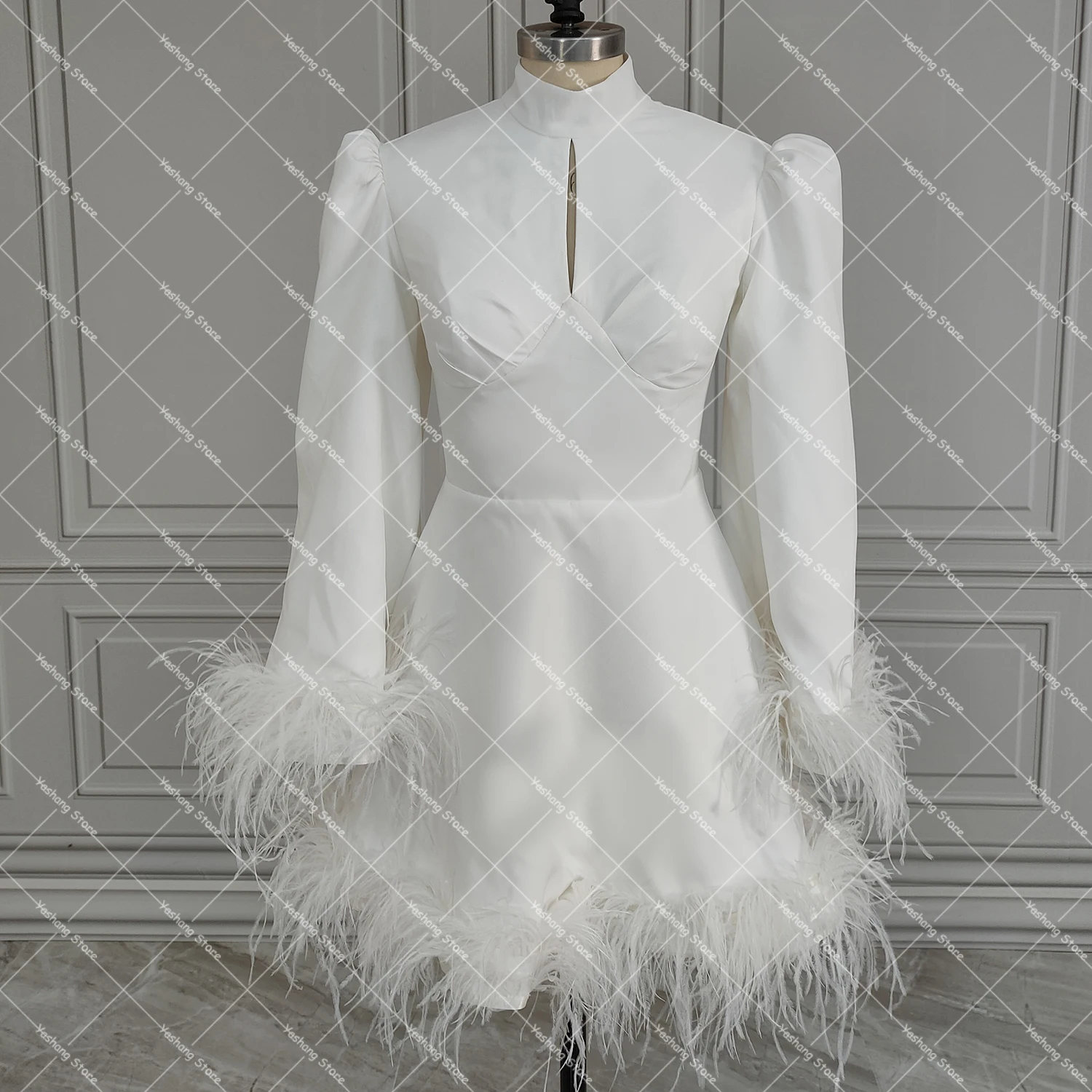 Customized Illusion Back Mini High Collar Long Bell Sleeves Bridal Gown  Dinner Reception Satin Simple Feathers Wedding Dress - AliExpress 320