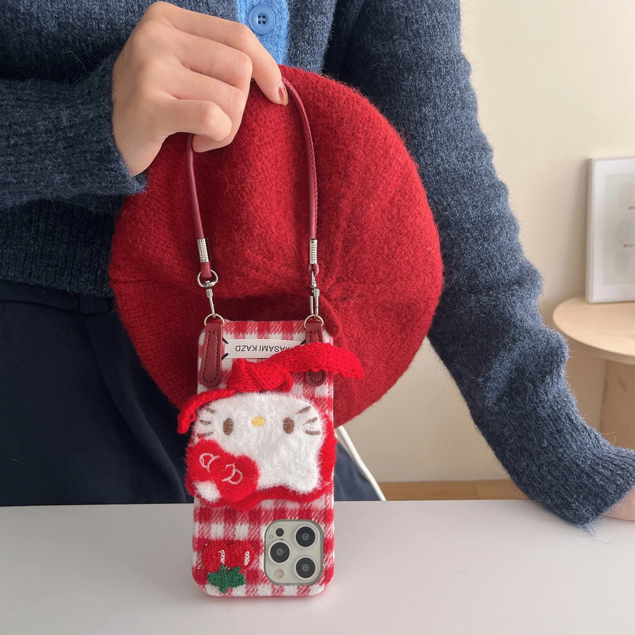 Cute Cartoon Sanrio Hello Kitty Grid Pattern Furry Plush Soft Phone Case For iPhone 16 15 14 13 12 11 Pro Max Winter Warm Cover image 6