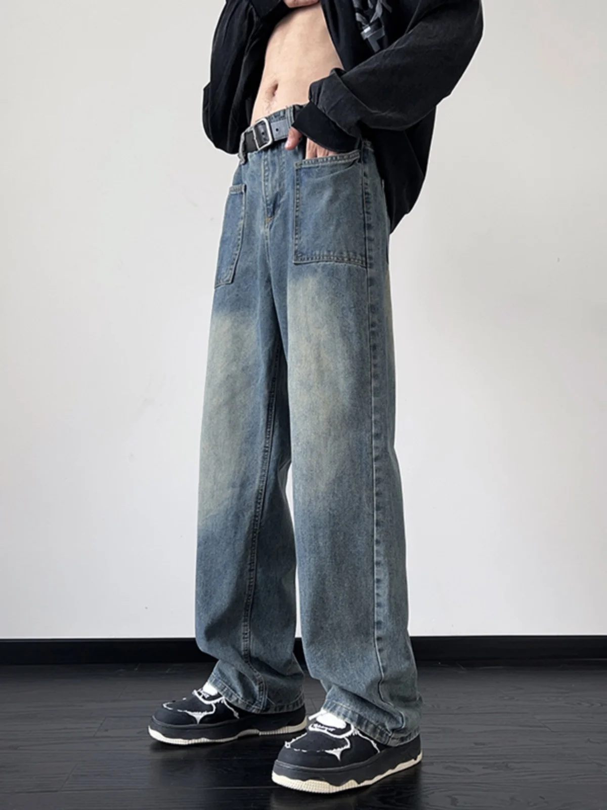 

Retro Blue Faded Men's Jeans INS Hong Kong Sle Loose Wide Leg Pants High Street All-Match Drapey Straight Leg Long Trousers