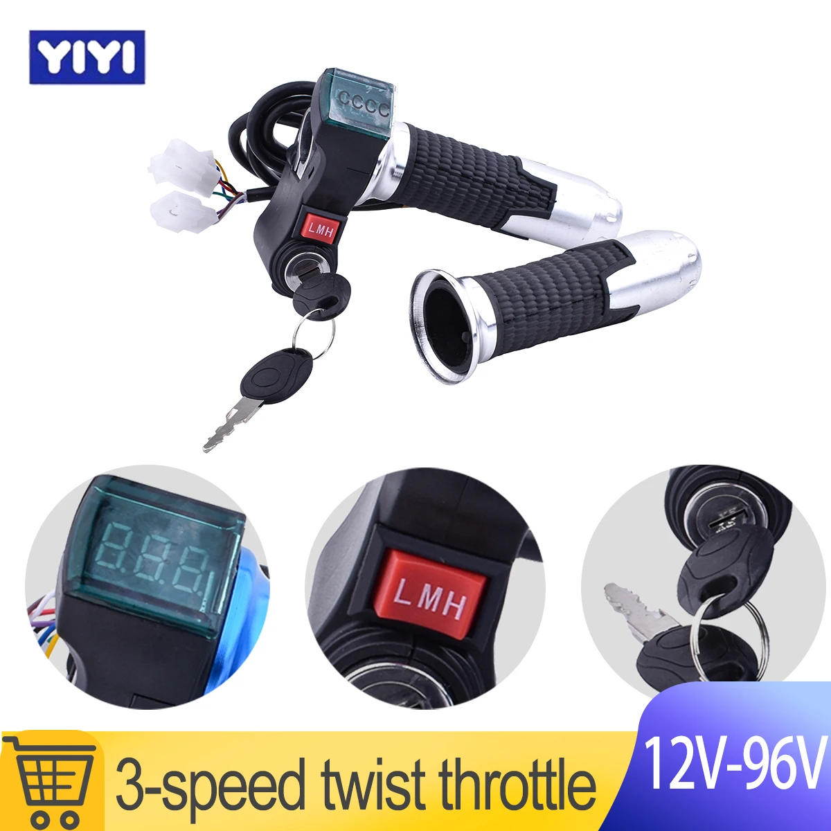 2025 New 3-Speed E-Bike Throttle with LED Display - 12V-96V for Electric Bike/Scooter/Motorcycle 3-in-1 Ignition Lock