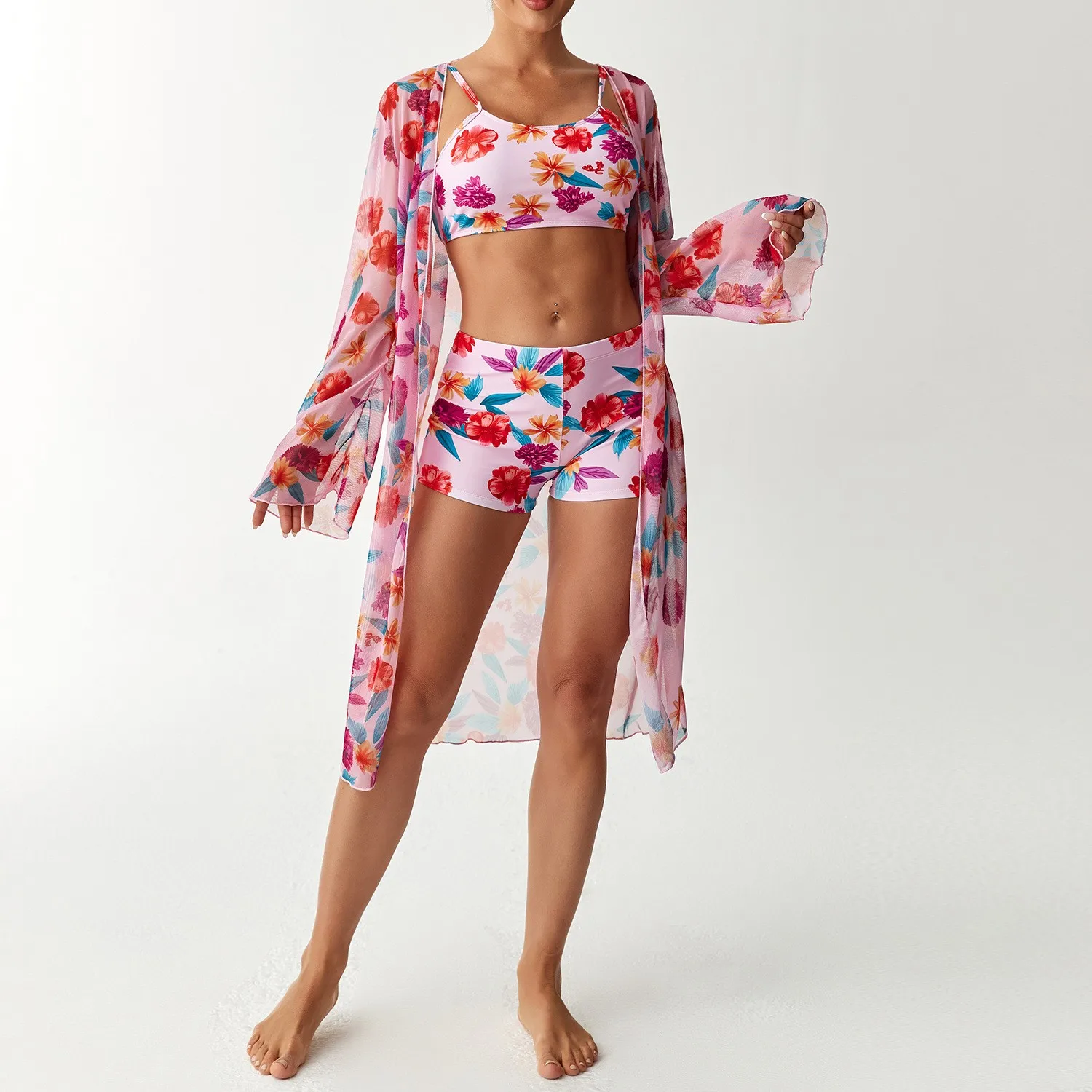 Floral Print Bikini Sets For Woman Swimwear 2026 Crop Top High Waist Shorts Women's Swimsuit Tropical Print Two Piece Swimsuit