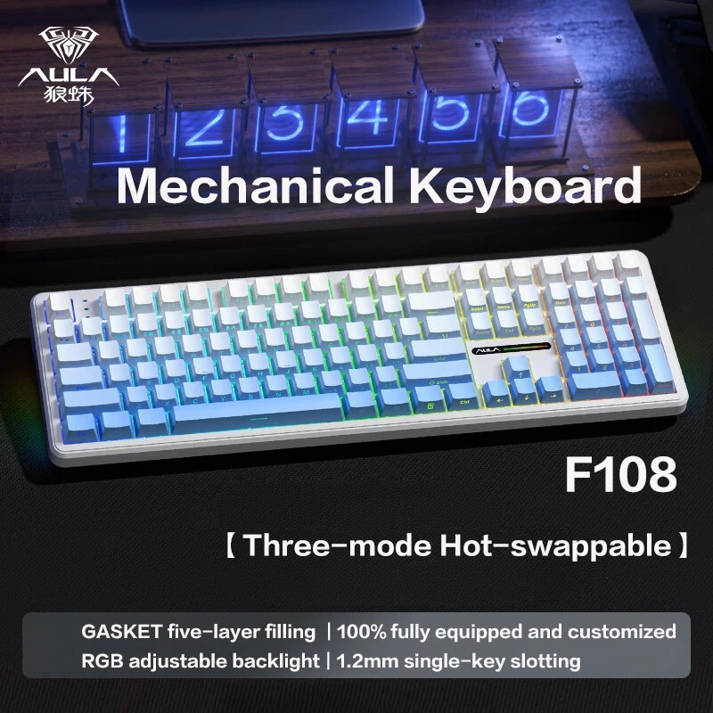

AULA F108 Custom Mechanical Keyboard - Wired/Bluetooth/Wireless 2.4G 3-mode RGB Lighting Effect for Gaming and Office Use