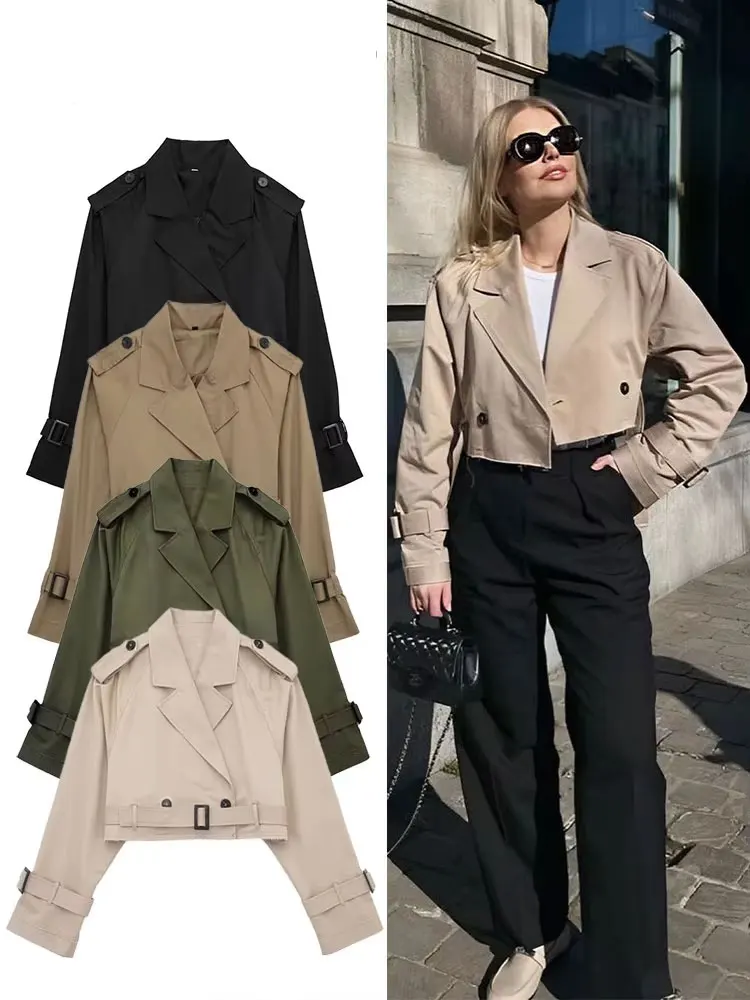 

Винтажная женская модная короткая куртка с поясом и длинными рукавами, двубортная женская ветровка с лацканами, весна 2021, шикарное женское пальто