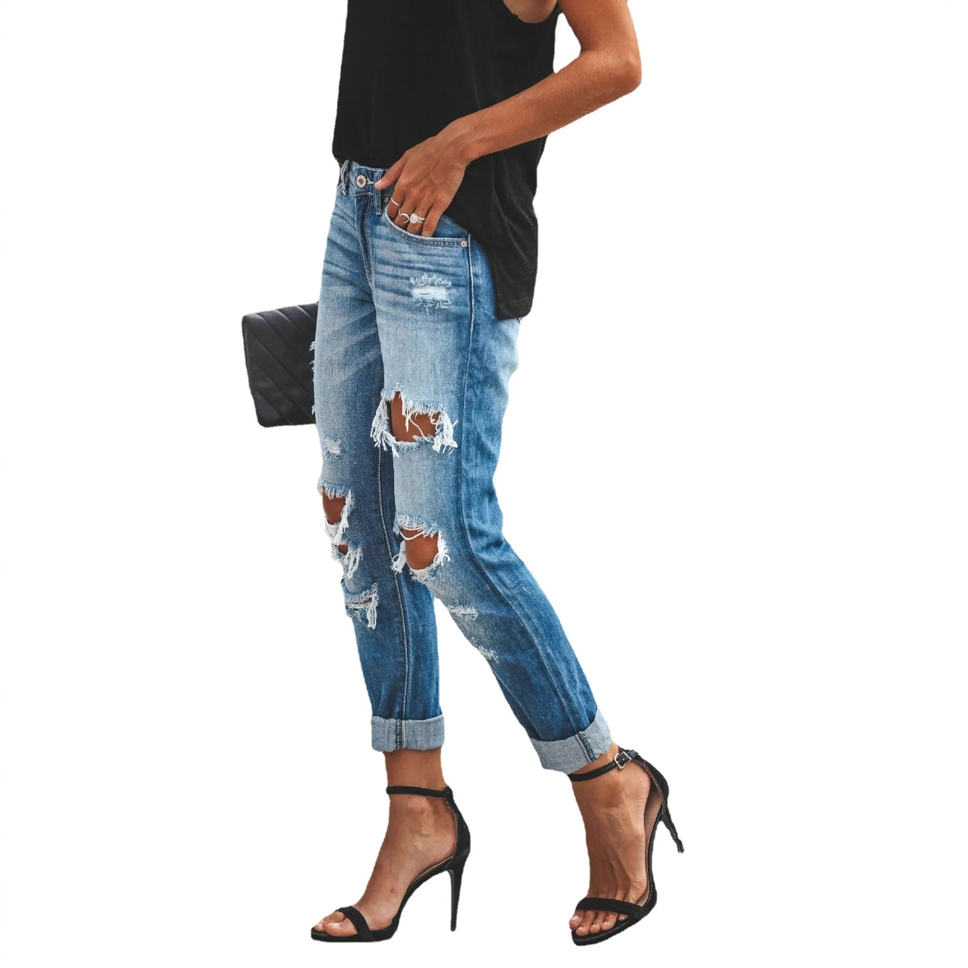 

Summer New Women's Jeans High Waist Straight Leg Street Style Washed Casual Hole Punching Blue Cotton Denim High Elasticity