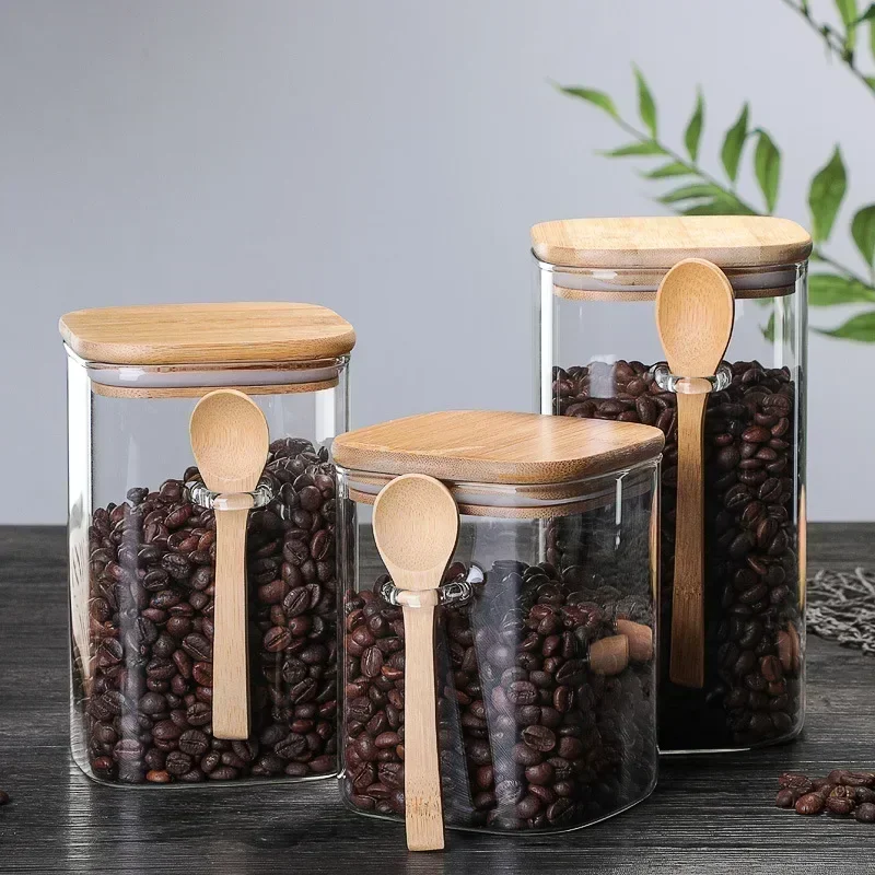 

3 specifications 800-1200ml glass sealed storage tank with wooden spoon spice box coffee bean storage tank kitchen supplies box